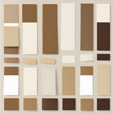 Een verzameling rechthoekige en vierkante papieren uitsparingen in verschillende tinten bruin, beige, crème en wit. De vormen zijn gerangschikt in een verticaal patroon, wat een visueel aantrekkelijke, symmetrische lay-out creëert tegen een neutrale achtergrond die doet denken aan de nauwgezette composities van schilders.