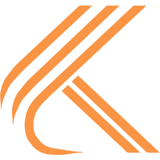 Een abstract geometrisch ontwerp dat doet denken aan het werk van een schilder, met drie gebogen, parallelle oranje lijnen die elkaar kruisen met een rechte oranje lijn in een hoek, allemaal tegen een zwarte achtergrond. Het ontwerp lijkt op een gestileerde letter "K.