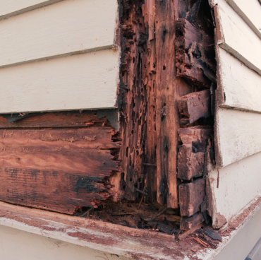 Close-up van de hoek van een huis met aanzienlijke houtrot en structurele schade onder de buitenbekleding. Het beschadigde gebied onthult verrot hout dat lijkt te brokkelen en uiteen te vallen, waardoor het onderliggende framewerk zichtbaar wordt, wat duidelijk de expertise van bekwame schilders vereist.