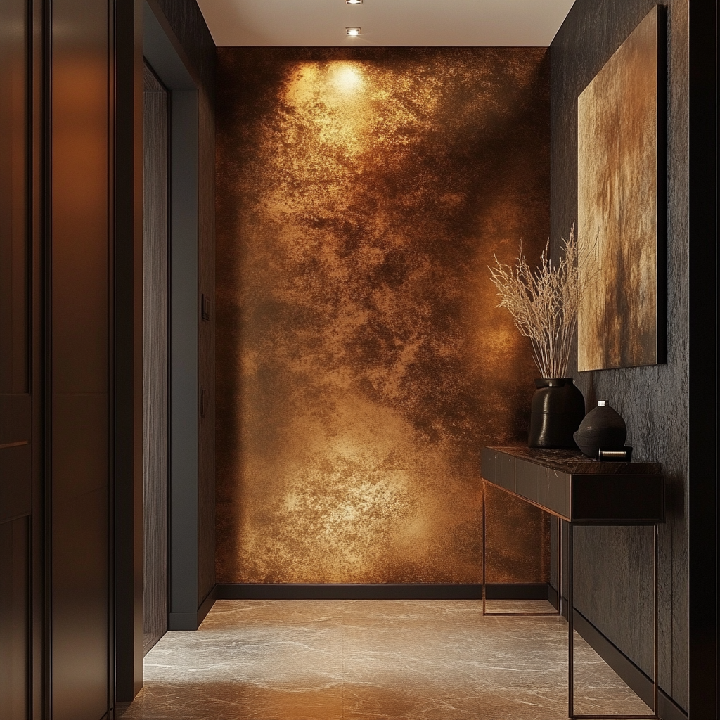 Een smalle gang met een getextureerde, roestkleurige accentmuur die verlicht wordt door inbouwverlichting. Rechts staat een consoletafel met decoratieve items, waaronder een vaas met takken, op een marmeren vloer. De ruimte toont modern design en combineert de huidige kleurentrends voor een extra vleugje verfijning.