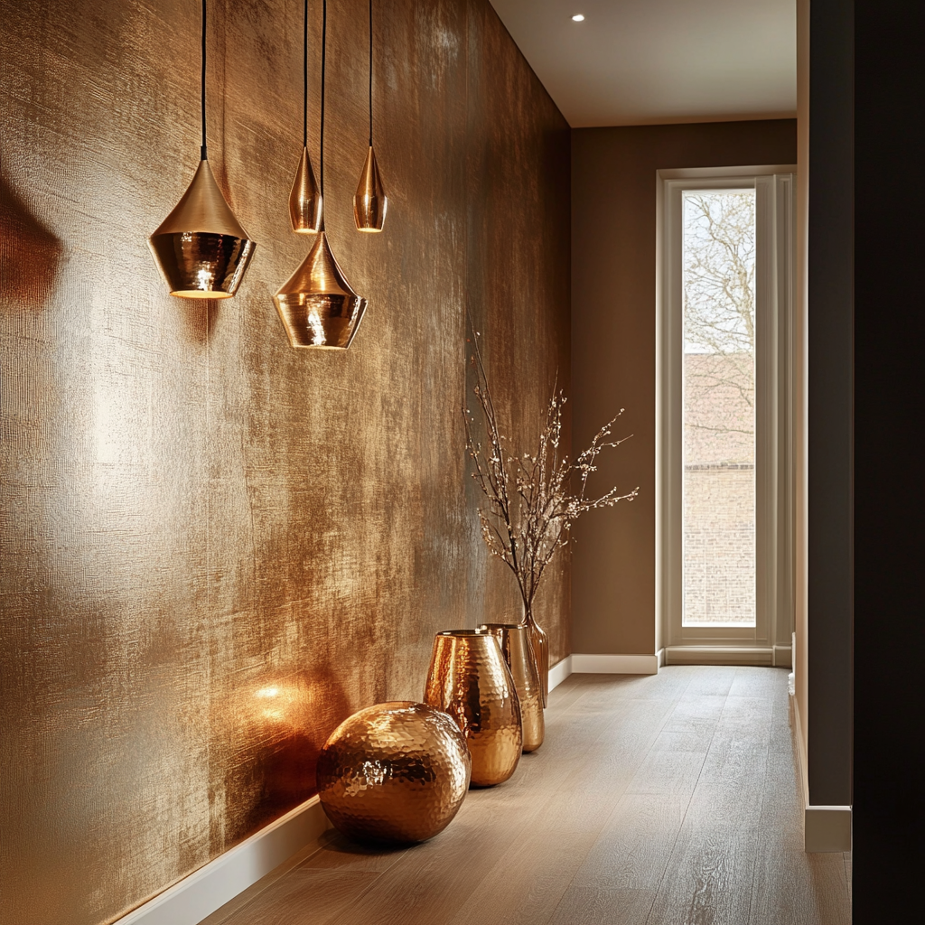 Een moderne hal met metalen koperen muren, met eigentijdse hanglampen en grote metalen vazen. De kamer wordt verlicht door natuurlijk licht van een hoog, smal raam aan het einde. De inrichting weerspiegelt de huidige kleurentrends en bevat een hoge takkenopstelling in een van de vazen.