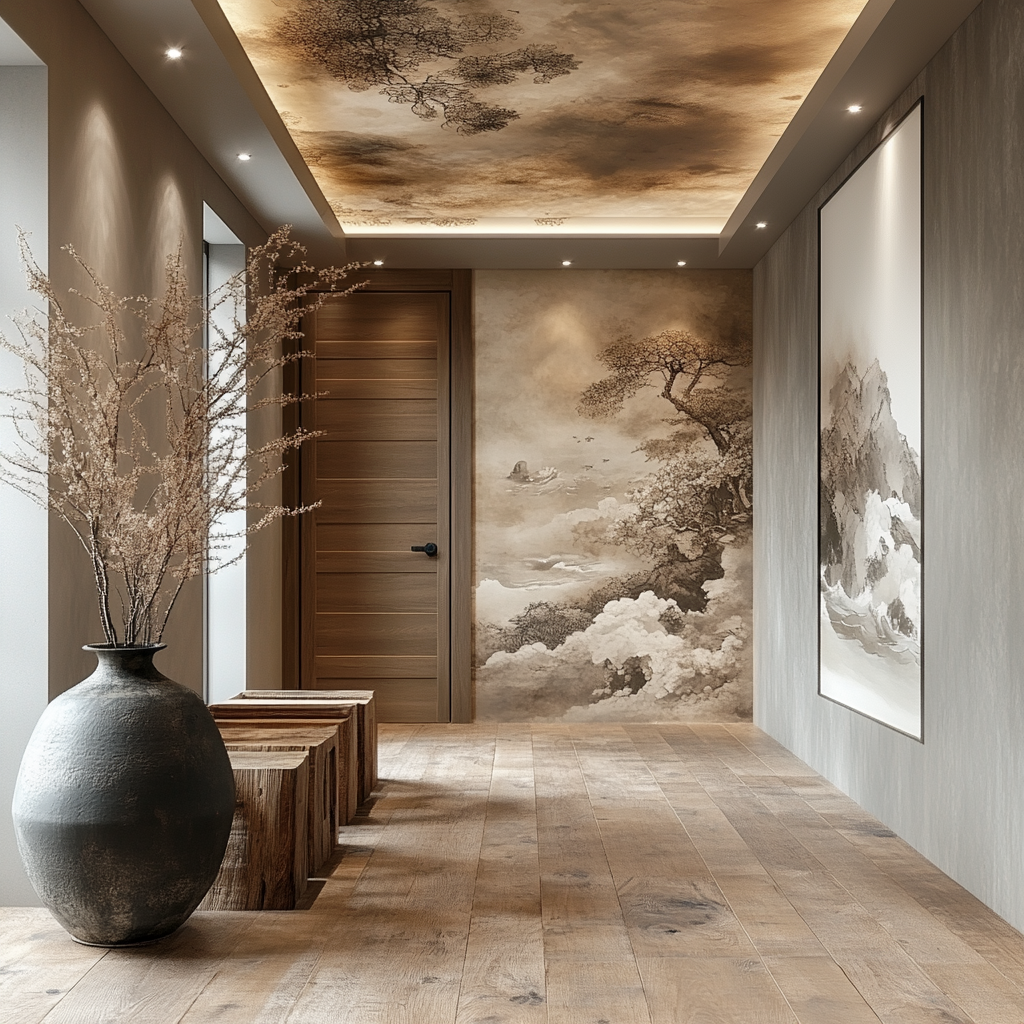 Een serene gang heeft een houten vloer, een reeks houten krukken aan de linkerkant en een grote, donkere vaas met gedroogde takken. De muren en het plafond zijn versierd met ingewikkelde muurschilderingen met een natuurthema die moderne behangtrends weerspiegelen, en aan het einde van de gang bevindt zich een gesloten houten deur.