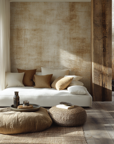 Gezellige woonkamer met een lage witte bank versierd met beige en bruine kussens. Een geweven poef en een bruin rond kussen staan naast een dienblad met flessen en een boek. Hoge ramen met doorschijnende gordijnen laten natuurlijk licht binnen, verlichten rustieke houten accenten en versterken de nieuwste behangtrends.