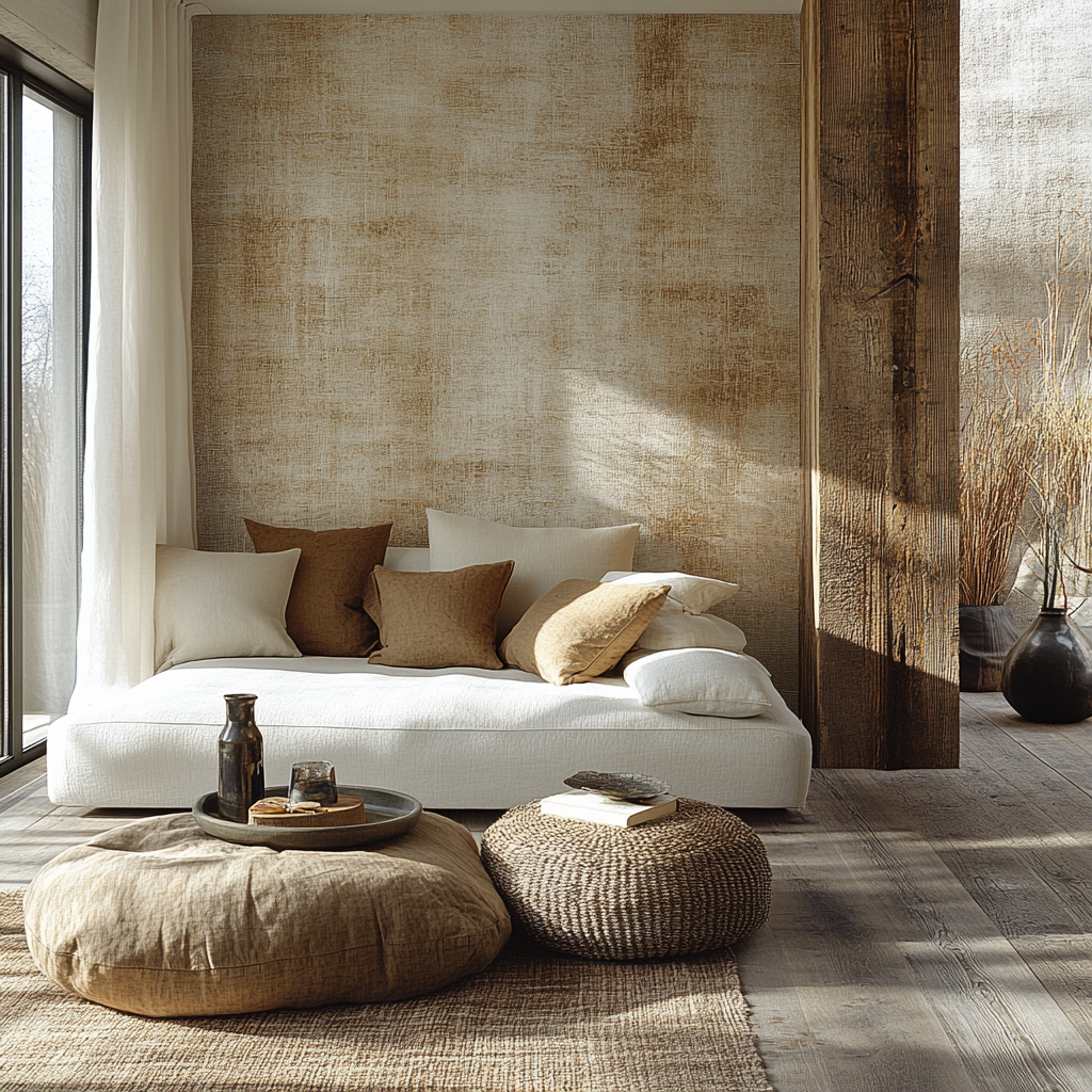 Gezellige woonkamer met een lage witte bank versierd met beige en bruine kussens. Een geweven poef en een bruin rond kussen staan naast een dienblad met flessen en een boek. Hoge ramen met doorschijnende gordijnen laten natuurlijk licht binnen, verlichten rustieke houten accenten en versterken de nieuwste behangtrends.