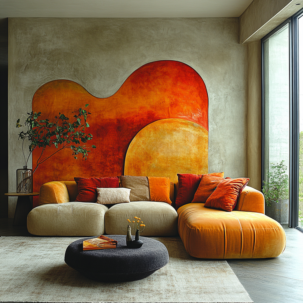 Een moderne woonkamer met een gezellige, modulaire oranje en beige bank versierd met accentkussens. Een gedurfde, abstracte muurschildering met warme tinten oranje en rood siert de getextureerde muur en toont de nieuwste behangtrends. Een ronde, zwarte ottomane staat voor de bank op een neutraal vloerkleed.