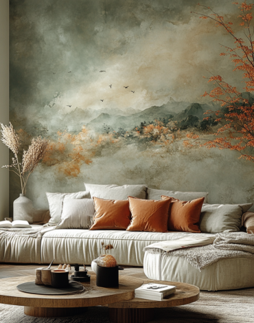 Gezellige woonkamer met een grote beige bank versierd met oranje en neutrale kussens. Een muurschildering van mistige bergen en vogels, die de laatste behangtrends weerspiegelen, siert de muur. Houten salontafel met decoratieve items staat ervoor. Groot raam aan de linkerkant brengt natuurlijk licht binnen.