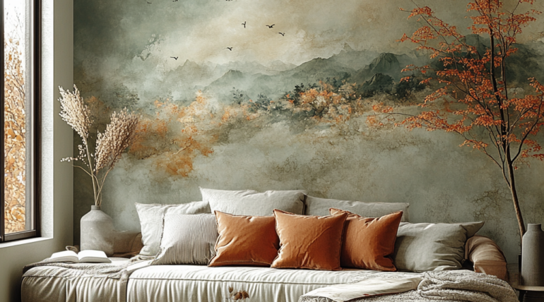 Gezellige woonkamer met een grote beige bank versierd met oranje en neutrale kussens. Een muurschildering van mistige bergen en vogels, die de laatste behangtrends weerspiegelen, siert de muur. Houten salontafel met decoratieve items staat ervoor. Groot raam aan de linkerkant brengt natuurlijk licht binnen.