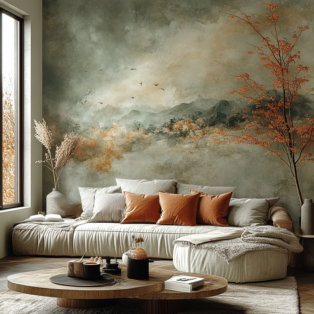 Gezellige woonkamer met een grote beige bank versierd met oranje en neutrale kussens. Een muurschildering van mistige bergen en vogels, die de laatste behangtrends weerspiegelen, siert de muur. Houten salontafel met decoratieve items staat ervoor. Groot raam aan de linkerkant brengt natuurlijk licht binnen.