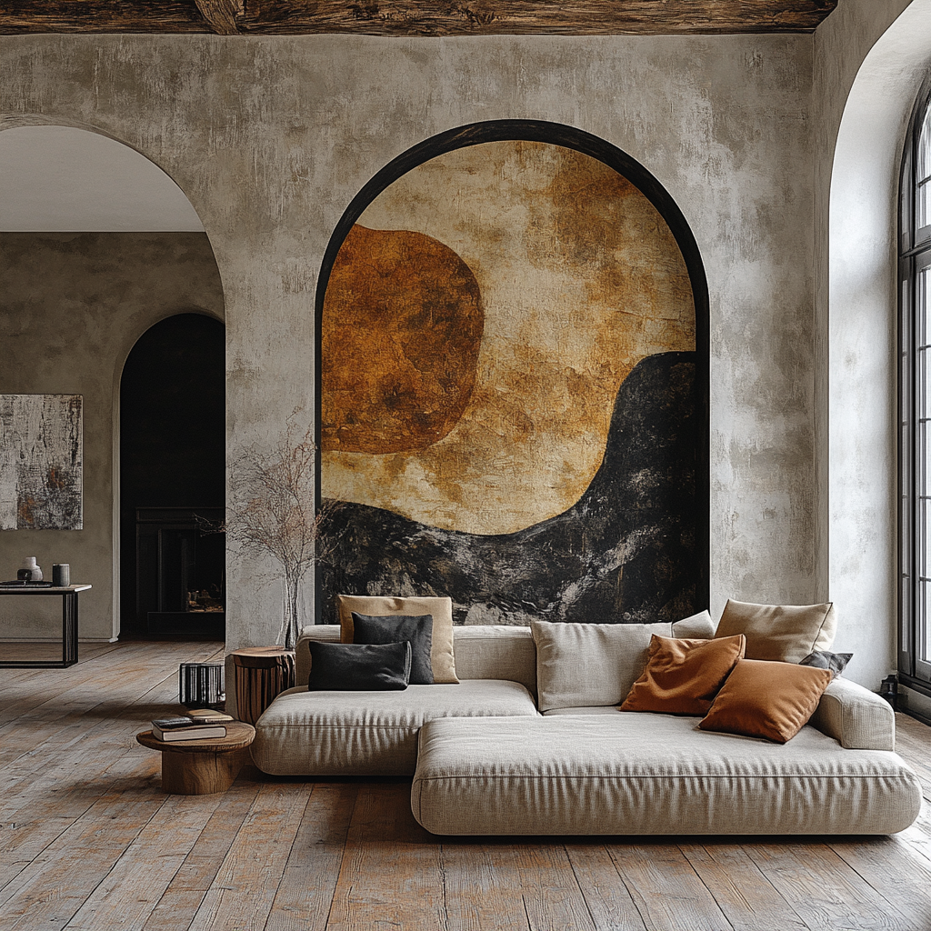 Een moderne woonkamer heeft een grote beige hoekbank versierd met zwarte en bruine kussens. Achter de bank siert een grote abstracte muurschildering in aardse tinten de muur, die de laatste behangtrends weerspiegelt. De ruimte heeft een houten vloer, boogramen en een rustiek houten plafond.