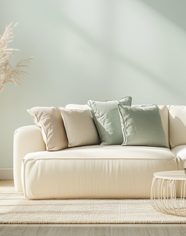 rustgevende woonkamer gebruikmakend van de kleurtinten beige, pastel groen en aardetinten.