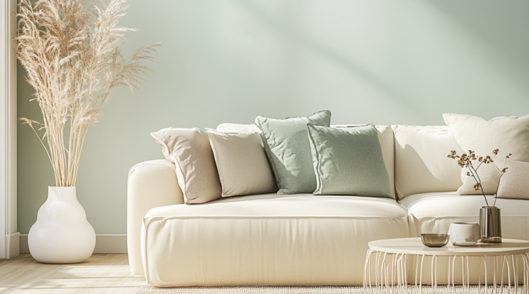 rustgevende woonkamer gebruikmakend van de kleurtinten beige, pastel groen en aardetinten.