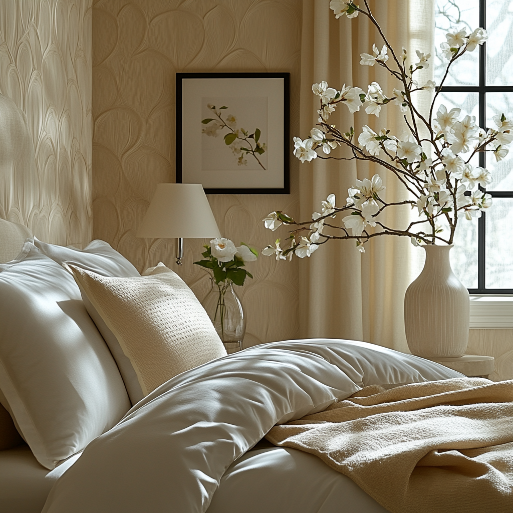 Een gezellige slaapkamer heeft een netjes opgemaakt bed met witte kussens en een beige deken. Achter het bed staat een vaas met witte bloemen op een bijzettafeltje naast een lamp. Een ingelijst kunstwerk van bloemen hangt aan een getextureerde, beige muur, die de laatste behangtrends weerspiegelt, en een raam laat natuurlijk licht binnen.