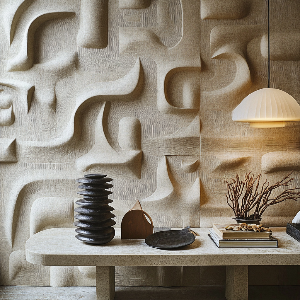 Een stijlvol interieur met een getextureerde, sculpturale muur die de laatste behangtrends weerspiegelt, een moderne hanglamp en een strakke tafel. De tafel is voorzien van artistieke houten en keramische decorstukken, een stapel boeken, een schaal met noten en gedroogde takken in een vaas, wat een gezellige en eigentijdse ambiance creëert.