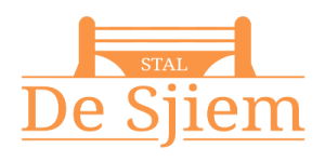 Logo van "Stal De Sjiem" met een oranje gestileerde brug met "Stal" in het midden. De woorden "De Sjiem" staan in grote, oranje tekst onder het ontwerp van de brug, wat doet denken aan de penseelstreken van schilders.
