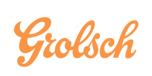 Op de afbeelding staat het woord "Grolsch" geschreven in een cursief, oranje lettertype, wat doet denken aan de artistieke hand van een schilder.